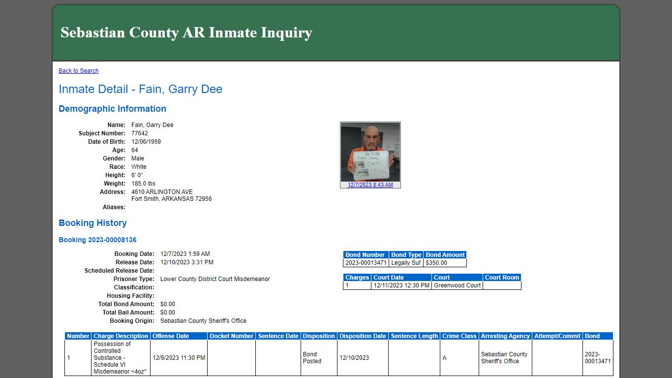 Inmate Detail - Fain, Garry Dee